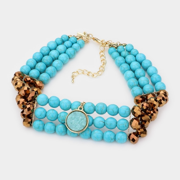 Blue Turquoise Choker Pendant Necklace Layered Fashion Statement Jewelry Set - Picture 2 of 2